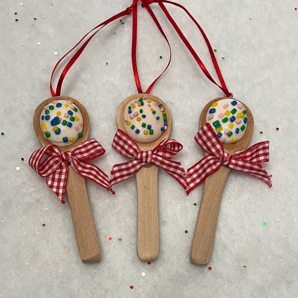 Set Of 3 Wooden Vanilla Frosting Baking Spoon Christmas Ornaments
